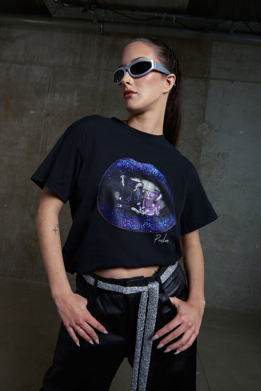 Lip Jewels Crewneck T-Shirt - Black